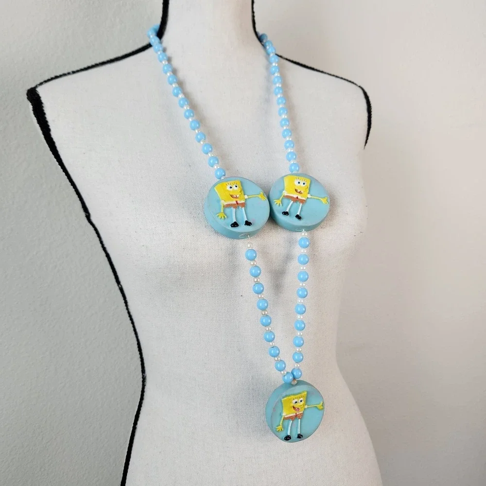 Vintage Y2k SpongeBob Square Pants Yellow Blue White Mardi Gras‎ Beads Necklace